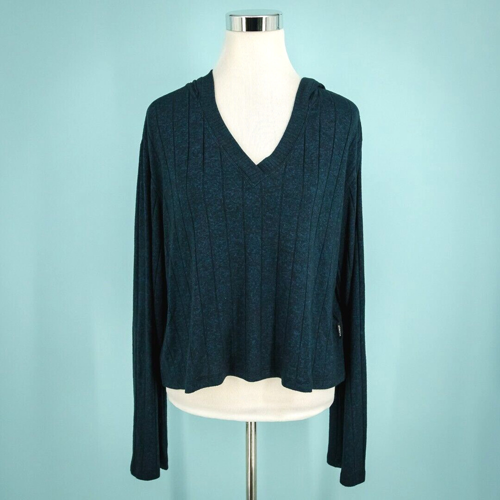 Athleta Size Medium M Harmony Pose Hoodie Teal Ribbed Long Sleeve Active Top